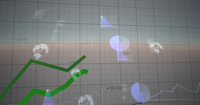 Animation of green line graph moving on grid pattern over multiple chart and database