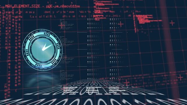 Animation of clock moving fast and data processing on digital screen