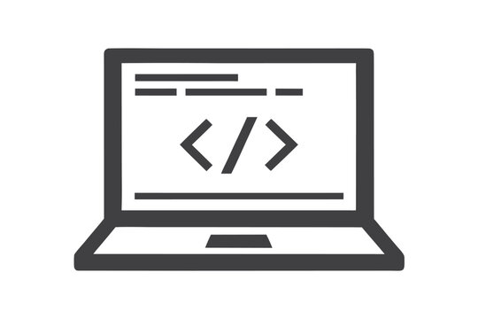 Simple Black & White Laptop Silhouette with Programming Symbols for Coding