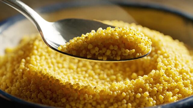 Close-up of warm couscous in a bowl with a silver spoon