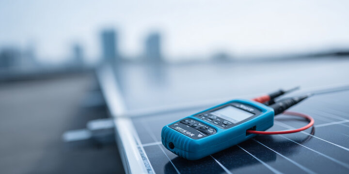 Digital multimeter on solar panel surface