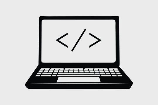 Clean Black & White Silhouette Laptop with Code for Software & Business Needs