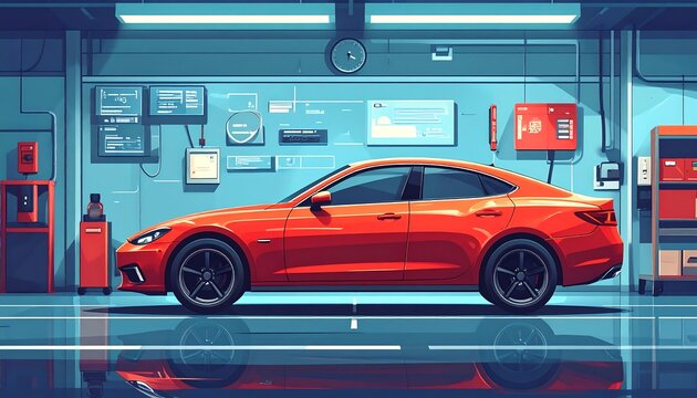 A vibrant orange, four-door sedan sits in a well-lit, stylized garage. The walls display digital readouts and equipment