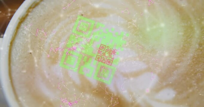 Animation of dots connecting and forming geometric shape, multicolored qr code over froth of coffee