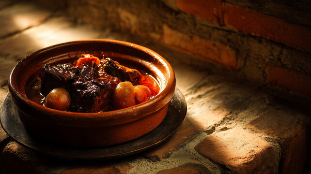 A rich and flavorful slow-cooked Rabo de Toro (oxtail stew) served in a traditional clay pot, a classic hearty dish from Spanish and Andalusian cuisine.