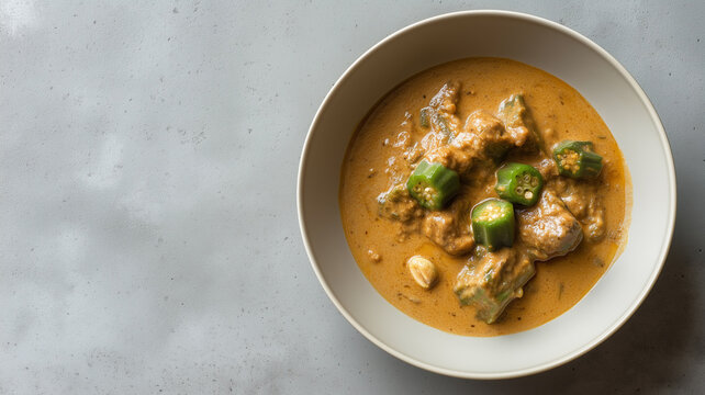 A top-down minimalist shot of traditional West African Maafe, a rich peanut butter stew with meat and sliced okra, served in a neutral bowl on a concrete texture.