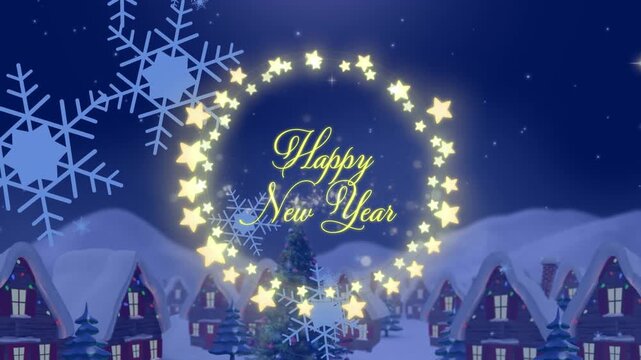 Animation of happy new year greetings text in fairy lights frame over christmas winter scenery