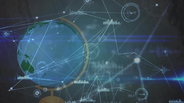 Animation of network of connections and data processing over spinning globe model on grey background