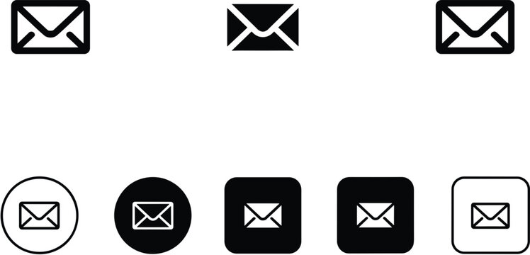 Envelope mail icon set in minimal outline and solid styles for email message inbox send communication and digital interface vector collection