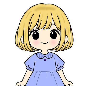 This is a cute cartoon-style illustration of a young girl with short blonde bob hair and big black eyes. She has rosy cheeks and a gentle smile, wearing a light purple dress with a striped collar