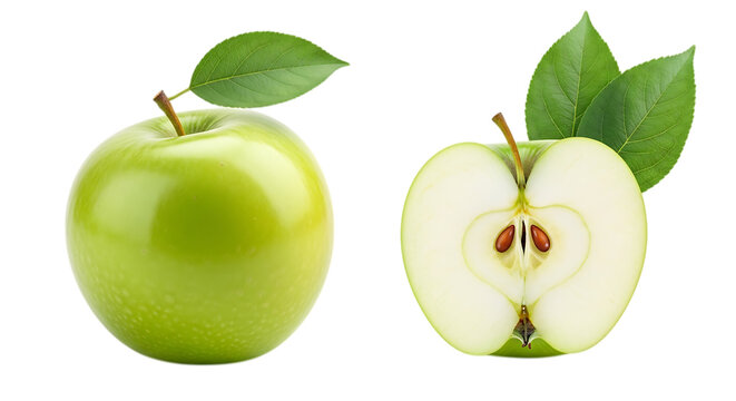 Whole and half fresh green granny smith apple with leaves island on island on transparent background