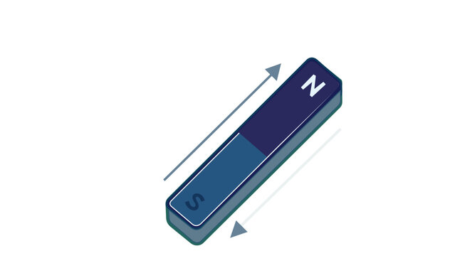 Isometric 3D bar magnet vector illustration with north and south poles and directional arrows, professional science icon for physics education, laboratory research, and magnetic field diagrams.