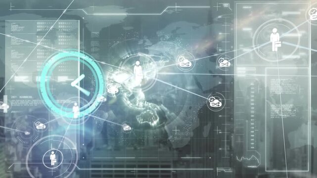 Animation of digital clock and connected icons over loading bars, globe against aerial view of city