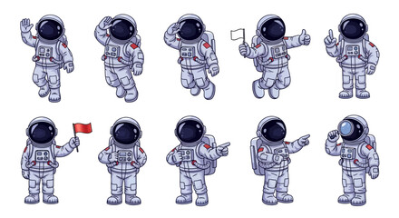 A set of cartoon astronauts in various poses, including waving, pointing, and holding a flag and a laptop, presented as a vibrant vector illustration against a clean white backdrop © NanzZ