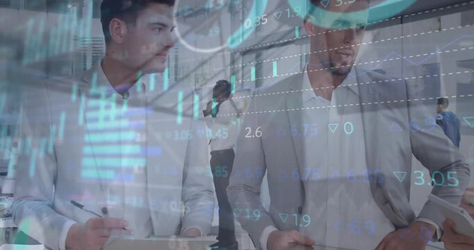 Animation of graphs, loading bars and circles over caucasian coworkers sharing ideas in office