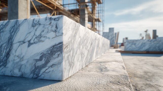 Construction site showing blocks of marble ready for use in building at a development location during the day