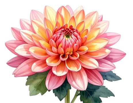 Watercolor painting of a dahlia flower with layers of pink and yellow petals bloom