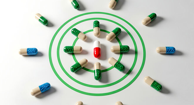 A red object is surrounded by green and blue objects in a circular pattern on a white background.