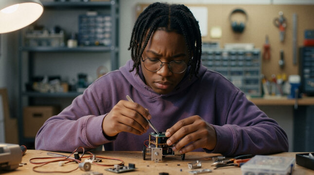 Focused African American teenager building a robot in a workshop. Young Black male student assembling electronic circuit board with tweezers. STEM education and DIY maker concept