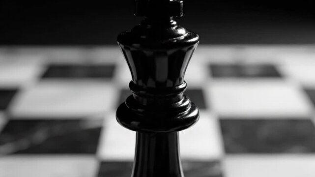 Elegant black chess queen piece on a monochrome marble chessboard