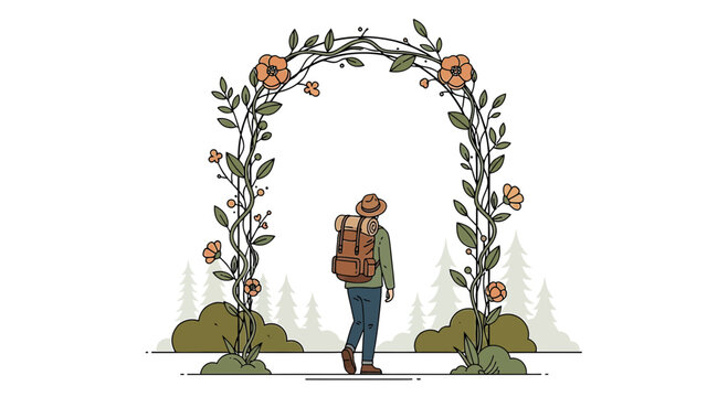 Hiker Enters Floral Archway, Nature Adventure, Botanical Entrance, Outdoor Exploration