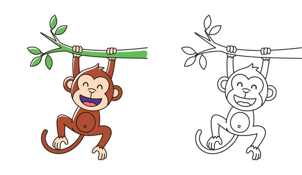Cute cartoon monkey hanging on a tree branch, featuring both a colored illustration and a black and white outline for kids coloring book.