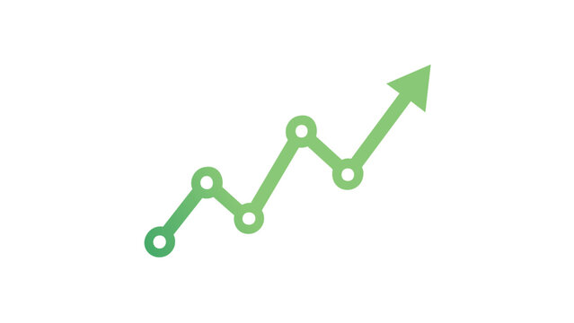 Green line chart vector icon with an upward arrow representing growth, success, and financial progress. Minimalist flat illustration for business data analysis, market trends, and performance