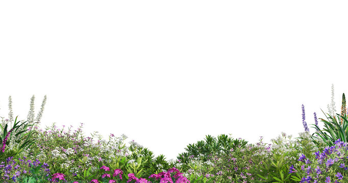 Large foreground flowerbed with different blooming flowers and plants isolated on transparent background