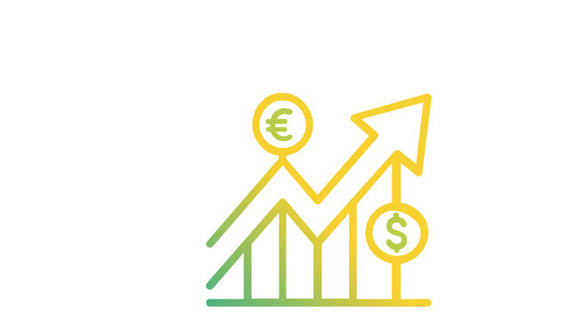 Business growth vector icon illustration featuring a rising bar chart with an upward arrow and currency symbols for Euro and Dollar, representing financial success, budget planning, and profit.