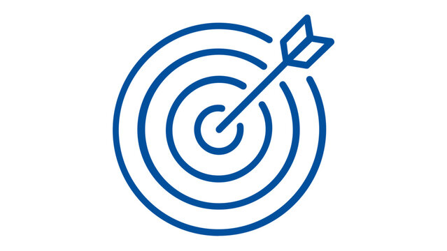 Blue line art vector illustration of a target with an arrow hitting the bullseye, representing business goals, leadership, success, strategy, and achievement in a minimalist flat design style.