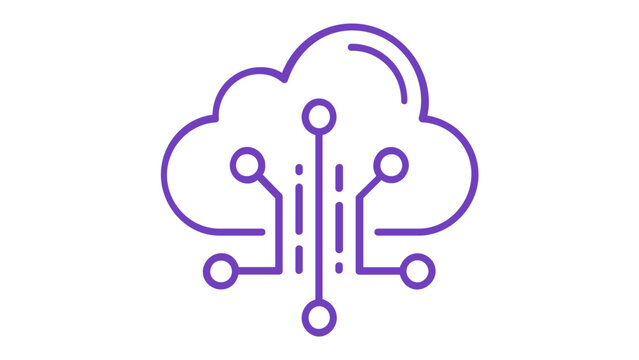Modern gradient vector illustration of a cloud computing icon with circuit board lines and nodes, representing data storage, network connectivity, digital infrastructure, and cloud technology.