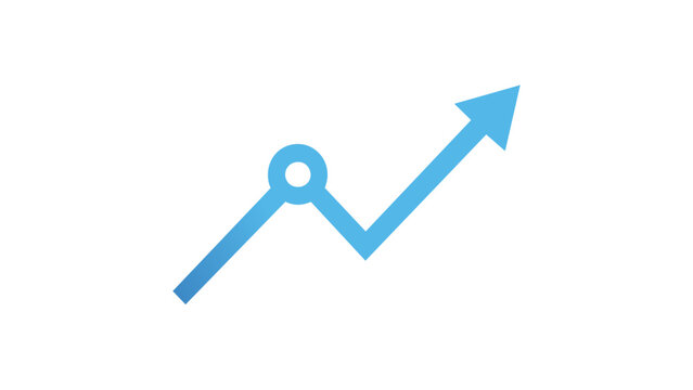 Blue line graph vector icon with an upward arrow and data point node, representing business growth, financial success, market trends, and statistical progress, isolated on a white background.