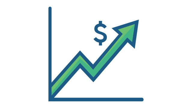 Business growth vector icon illustration featuring an upward trending arrow line graph with a dollar sign symbol, representing financial success, market increase, profit, and goal achievement.