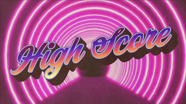 High Score text over neon tunnel animation with vibrant pink and purple lights