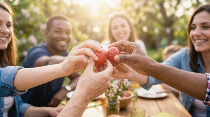 Friends playing traditional Easter egg tapping game at outdoor table. Close up of hands with red eggs during garden brunch. Diverse group celebrating spring holiday