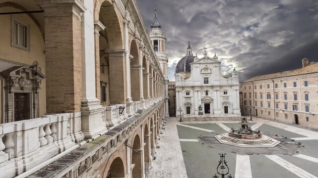 Loreto City Square, Italy, clouds rushing by, time lapse
