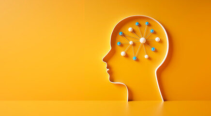 Conceptual artwork showing a 3D silhouette of a head with neural network symbol against yellow wall