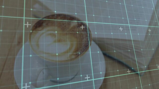 White ceramic coffee cup being scanned on wooden table in flat design with turquoise grid overlay