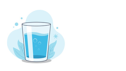 Obraz premium Simple illustration of a clear glass filled with refreshing blue water set against a soft abstract background with bubbles and leaves.