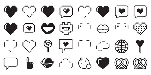 Fototapeta premium Retro Pixel Art Icon Set with Hearts Speech Bubbles and Celestial Objects