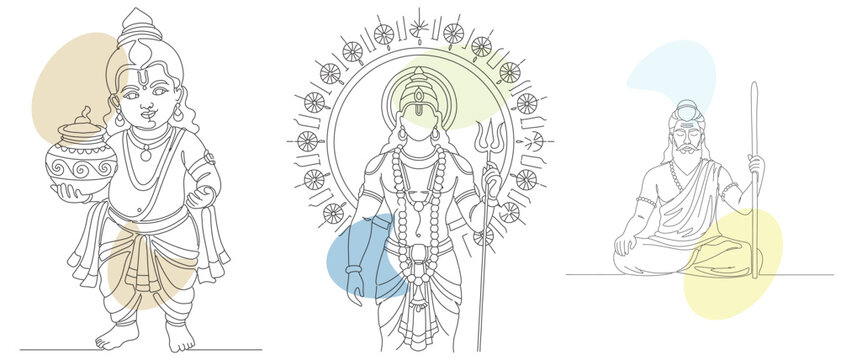 Elegant Single Line Art Illustrations of Hindu Deities - Divine Indian Gods and Goddesses in Minimalist Style