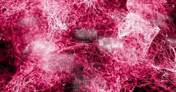 Pink trails starting in lower corner growing, weaving vortices over dotted grid showing energy flow