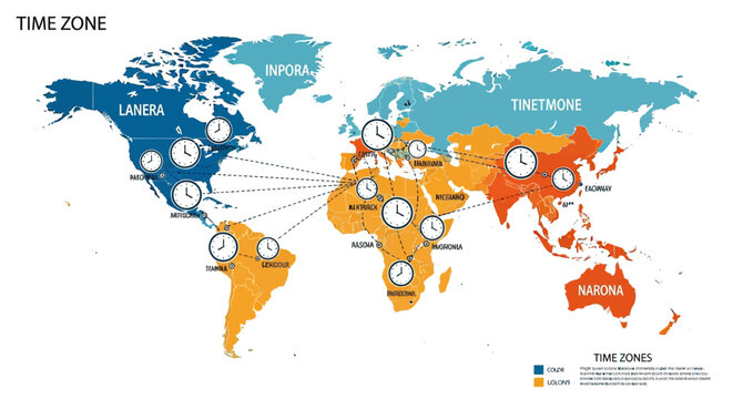 Time Zone World Map: A visually engaging world map highlighting global time zones, with clear labels and interconnected clocks to illustrate the temporal variations across different regions.