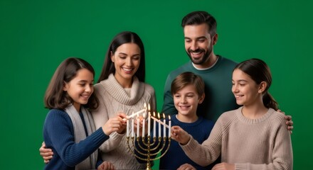 Obraz premium Family lighting Hanukkah menorah candles together. Happy Hanukkah celebration concept for Jewish holiday.