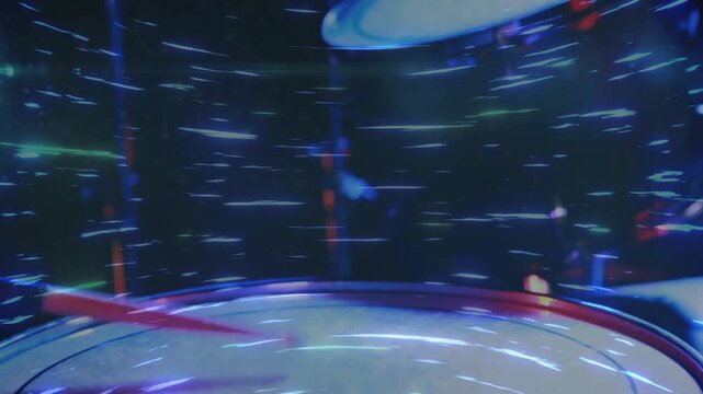 Light trails sweeping sparking cam tilt, drum head staying central as cymbal entering showing spin