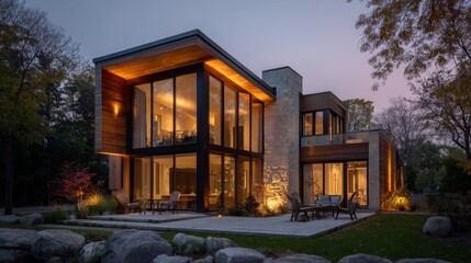 Fototapeta premium Modern House Exterior Featuring Large Glass Windows Surrounded by Nature at Dusk