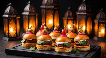 Fototapeta premium Delicious Mini Burgers with Lanterns Background.