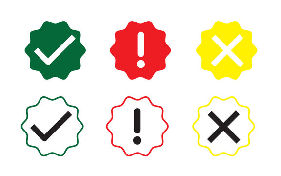 Icons of Status: A collection of vibrant icons, depicting confirmations, alerts, and rejections. Each symbol is set against a starburst background.