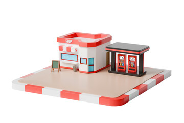 3d convenience store gas station icon. roadside retail concept. minimal cartoon shop fuel pump kiosk for service locator app. isolated on white transparent background. 3d render. © Theeraphat