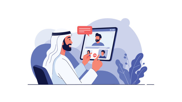 Arab businessman in traditional clothing participates in a remote video conference call using a tablet in a modern office space.